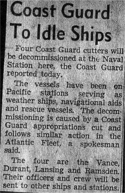 Coast Guard To Idle Ships Newspaper unknown --  click below for text article