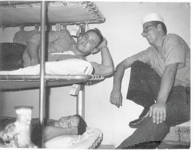 Upper bunk, Ernie; Lower bunk, Fred Hart; right, (Gary?) Gwynn.