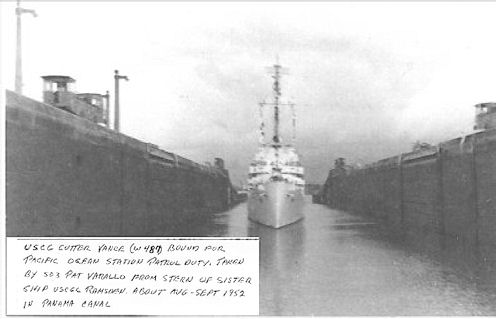 USCG CUTTER VANCE W487 BOUND FOR PACIFIC OCEAN STATION PATROL DUTY. TAKEN BY SO3 PAT VARALLO FROM STERN OF SISTER SHIP USCGC RAMSDEN. ABOUT AUG-SEPT 1952 IN PANAMA CANAL